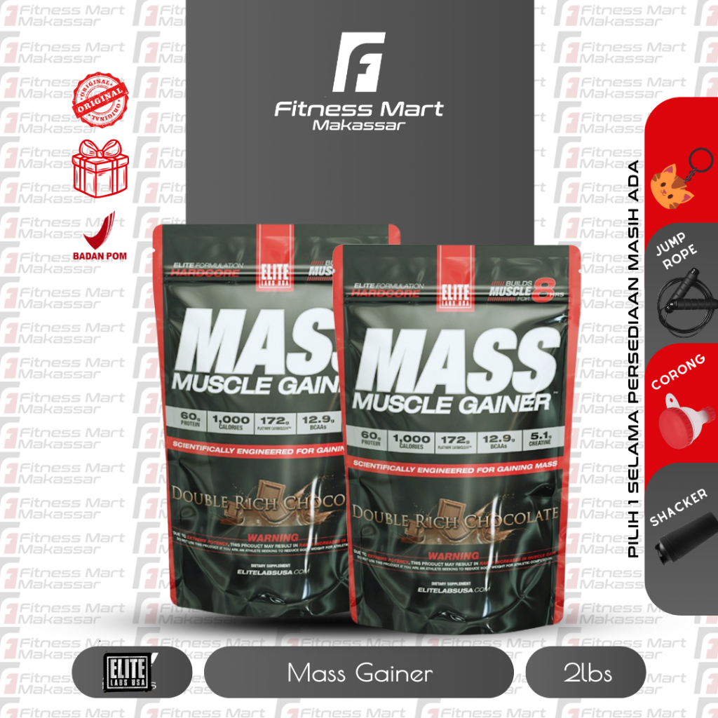 Elite labs Mass Muscle Gainer 2 Lbs Weight Protein - Susu Gainer Protein Penggemuk Penambah Berat Ba