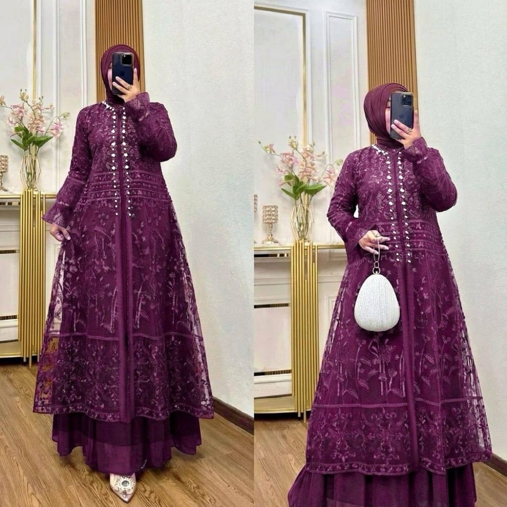 MAXI ALIN (M L XL XXL JUMBO ) GAMIS FULL SATIN MUTIARA TILE LEBARAN MUSLIM MODEL TERBARU BRUKAT MEWA