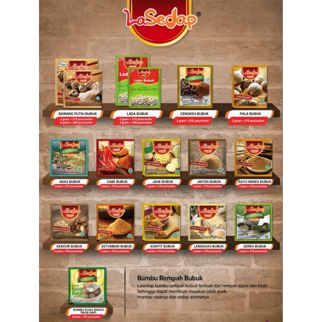 LASEDAP,harga per pack/1pack isi 6 renceng/1renceng isi 12pcs,./kuah bakso/bawang putih/kencur/cabe 