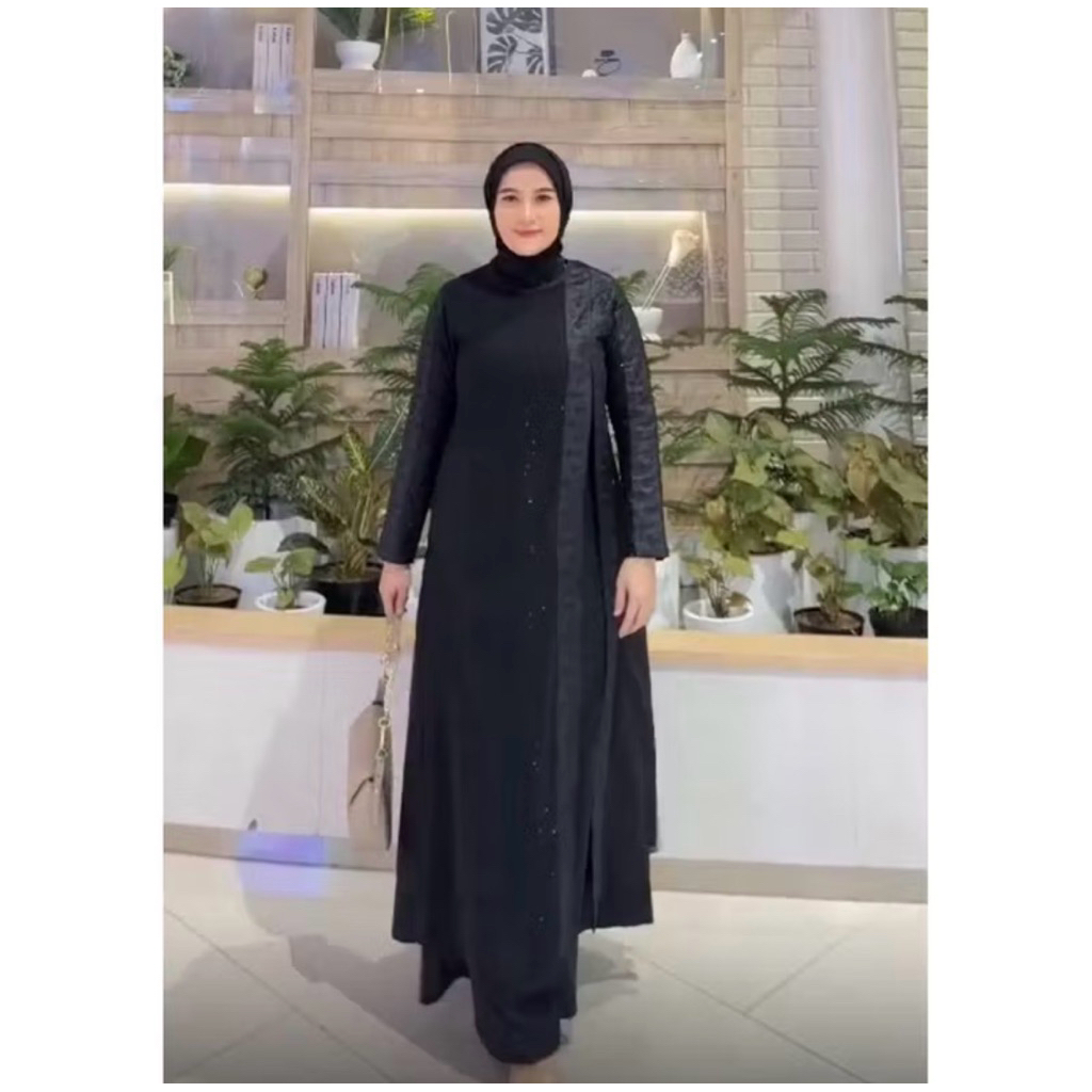 gamis hitam abaya turky kombinasi payet dan bordiran terbaru bahan ceruty