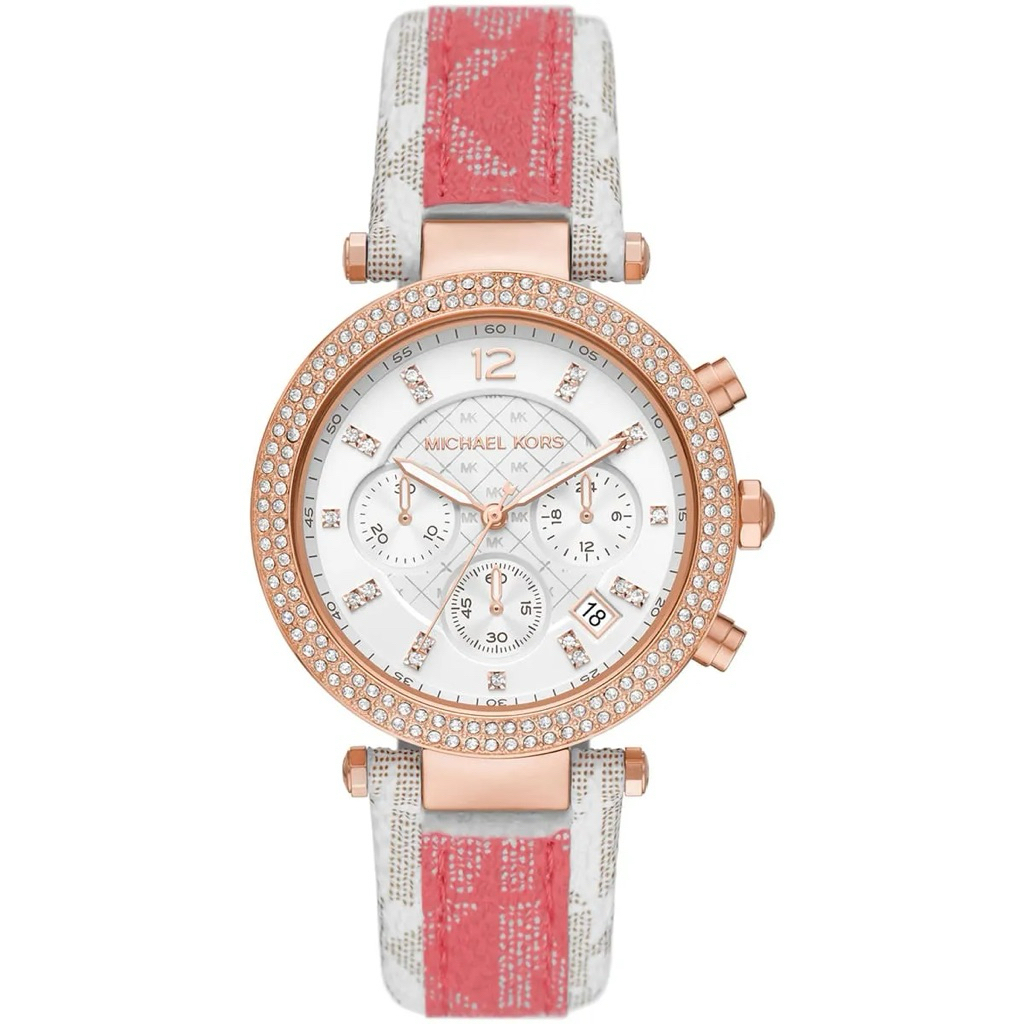 Jam Tangan Wanita MK6951 Chronograph White Dial Tea Rose Leather Strap