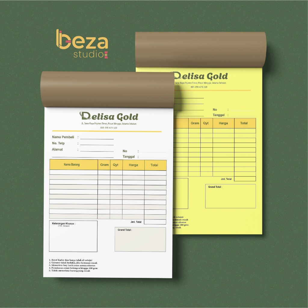 Cetak Nota toko emas Custom 1ply, 2 Ply, 3 ply Full Color - Desain Sendiri, Bahan NCR Premium, Tinta