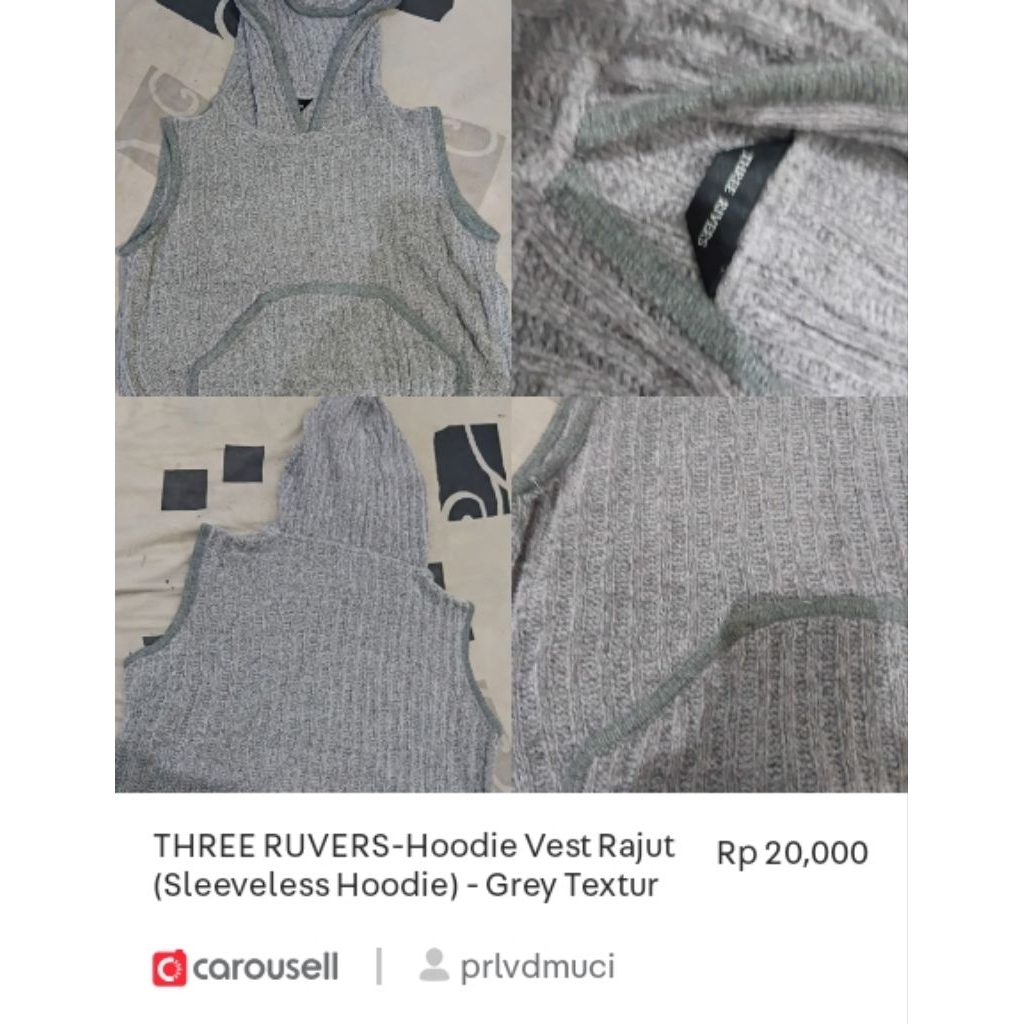 THREE RUVERS-Hoodie Vest Rajut (Sleeveless Hoodie) - Grey Textur