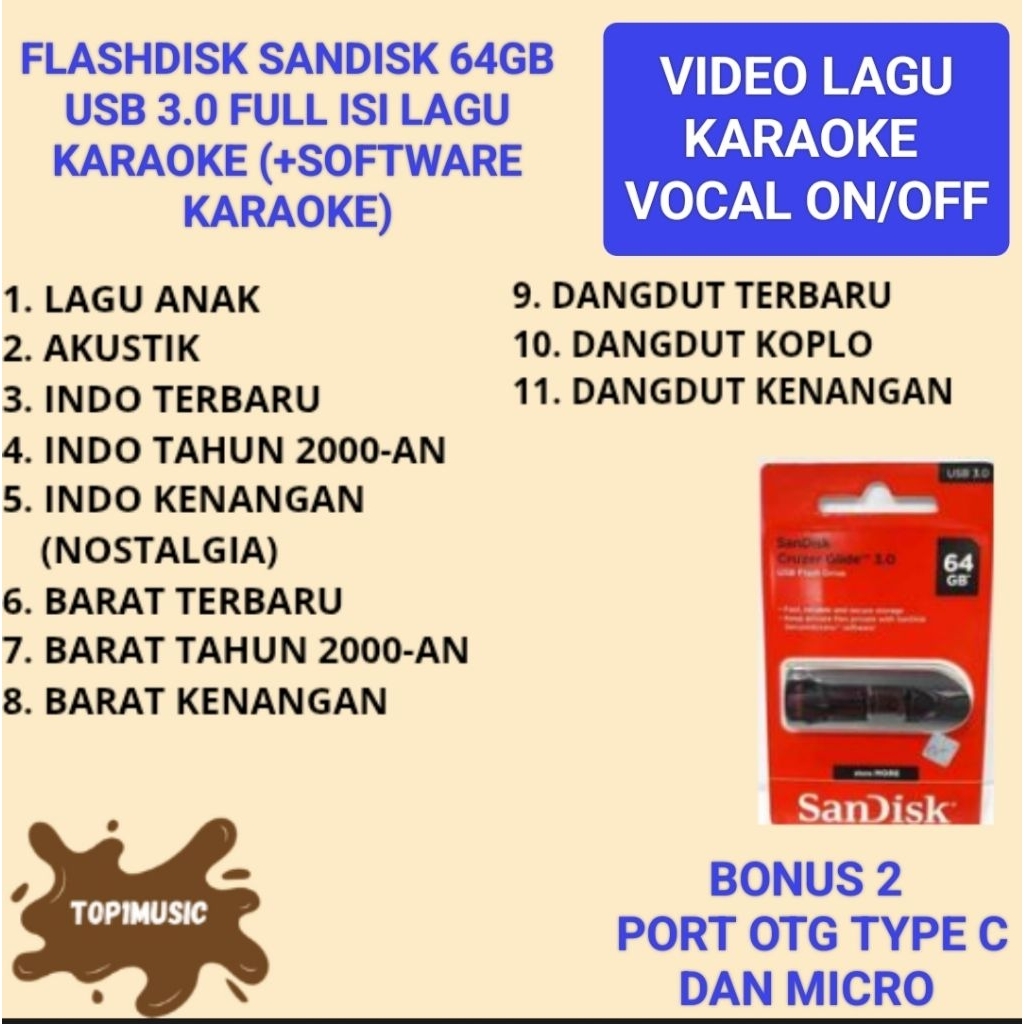flashdisk sandisk 64GB usb 3.0 isi full lagu karaoke player Akustik