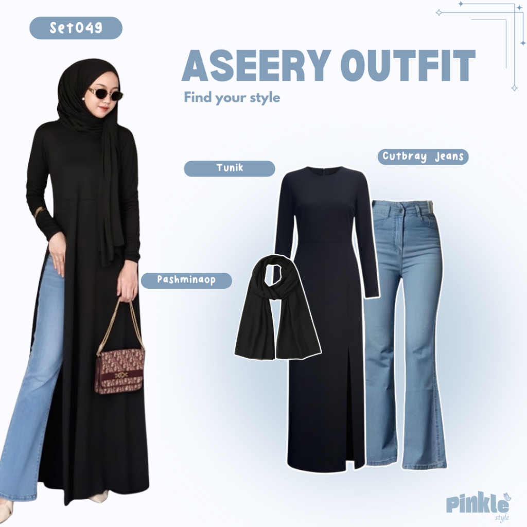 Aseery Set Wanita Hijab Kekinian { Tunik + Cutbray Jeans + Pashmina } Set Muslim Trending | Set049 |