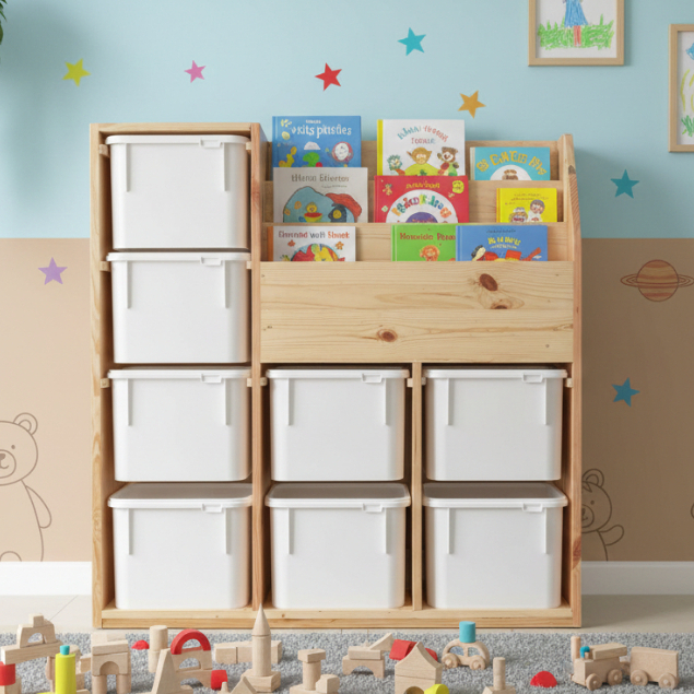 Rak Mainan Anak Minimalis 8 Box + Rak Buku Atas - Rak Buku Trofast Minimalis Kayu Jati Anak Serbagun