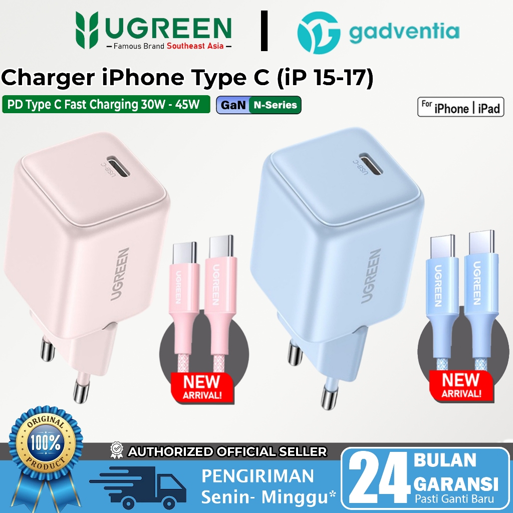 UGREEN GaN 45W 30W Adaptor Kepala Charger iPhone 15 16 17 Pro Max Series Samsung Type C PD AVS Ice-C