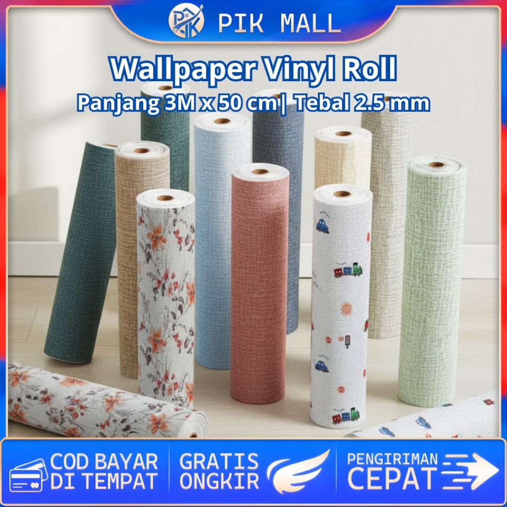 COD PIKMALL - Wallpaper Linen Roll 3D Sederhana Wallpaper Dinding Sticker Dinding 50CM*300CM