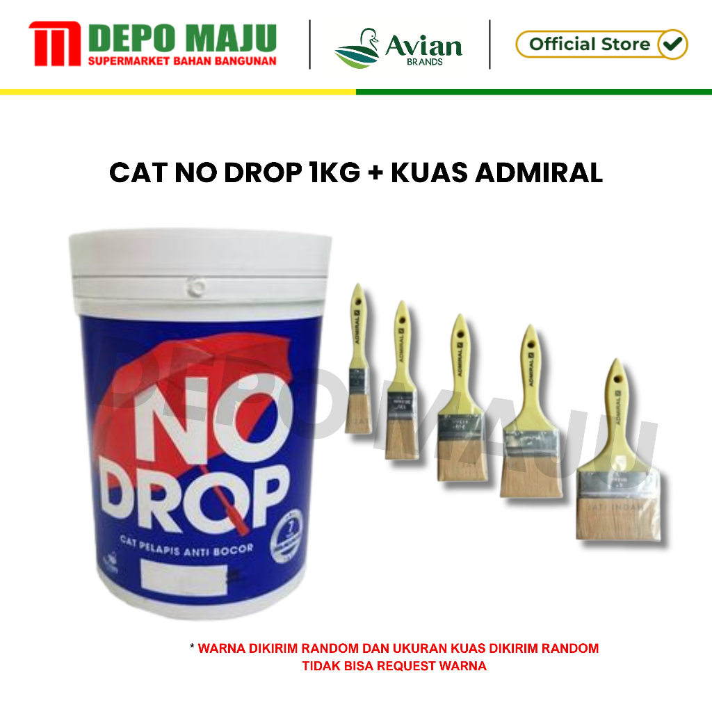 CAT NO DROP + KUAS - NO DROP Cat Pelapis Anti Bocor 1L- CAT 1KG WATERPROF WARNA RANDOM