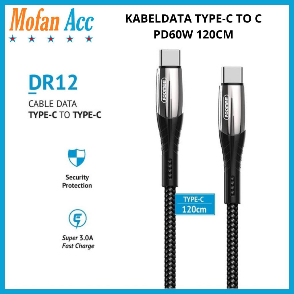 Kabel Data Foomee DR12 Type-C To Type-C PD60W 120Cm QC 3.0 Fast Charging