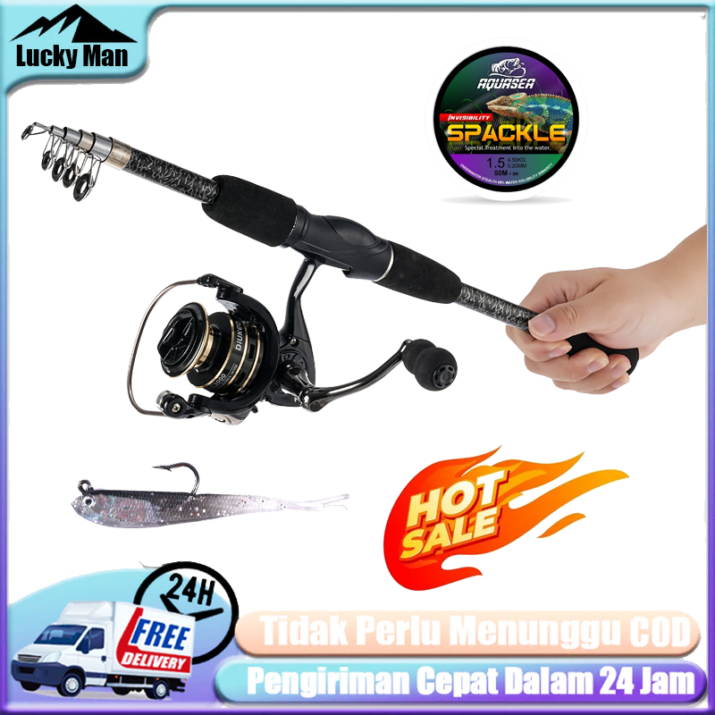 Set reel pancing putar serat karbon untuk perjalanan, panjang 1,8m-2,1m - rasio kecepatan 5,2:1, jor