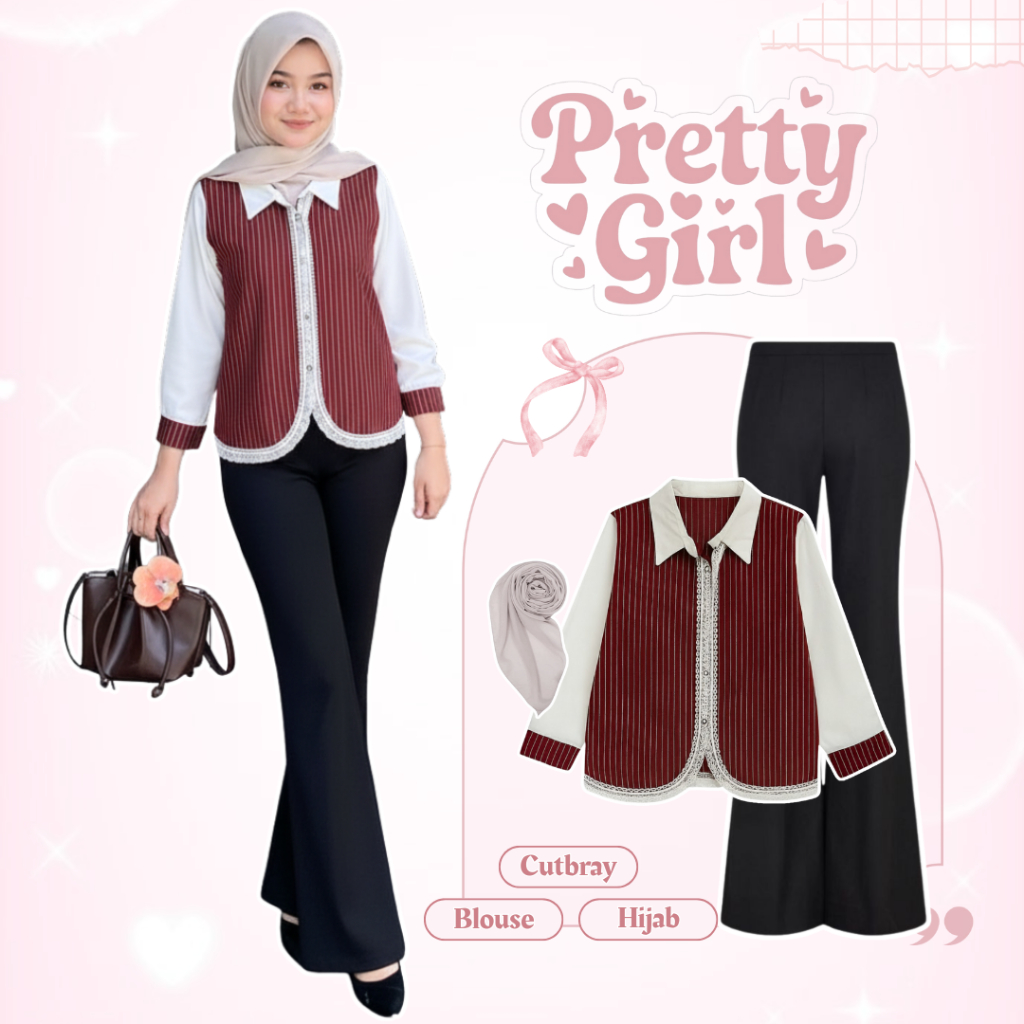 satu set outfit wanita Bangkok ( Blouse Maroon + Celana Scuba Cutbray Hijab ) One set DM0143N Cewek