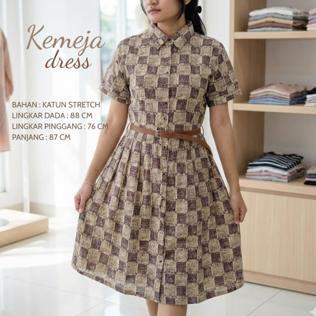 Kemeja Dress Gaun Motif Kotak-Kotak Katun Stretch