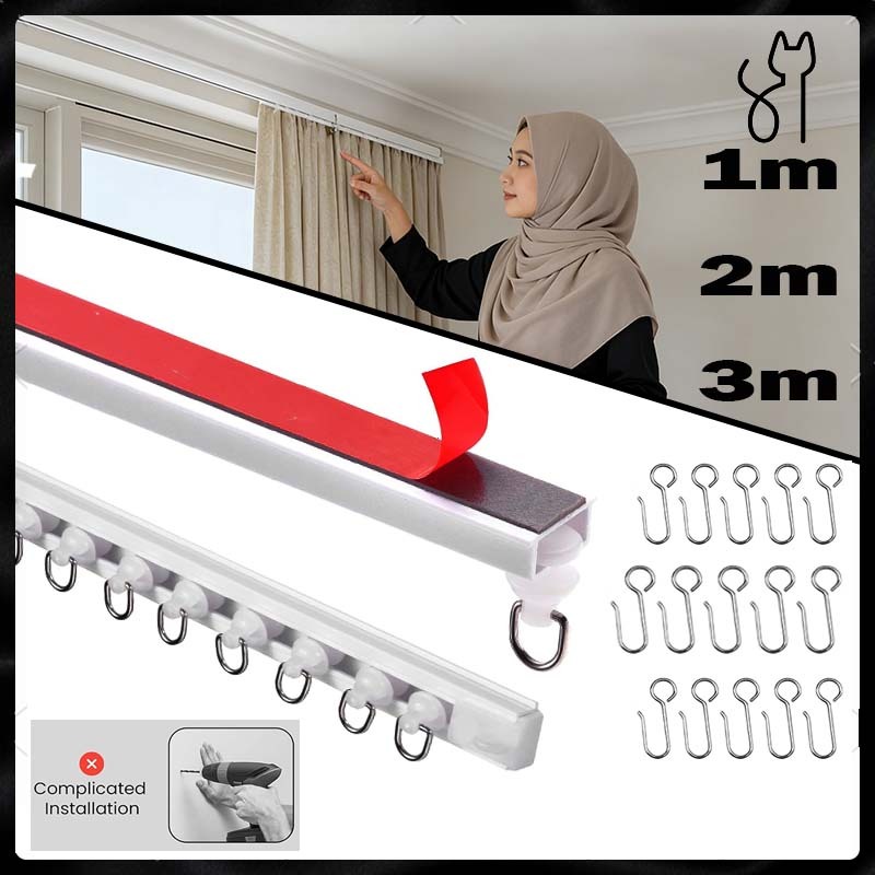 [Cuttable]Tiang Gorden Tanpa Paku Rel Gorden Jendela Rel Gorden Gantung Tiang Gorden Tanpa Bor Rel T