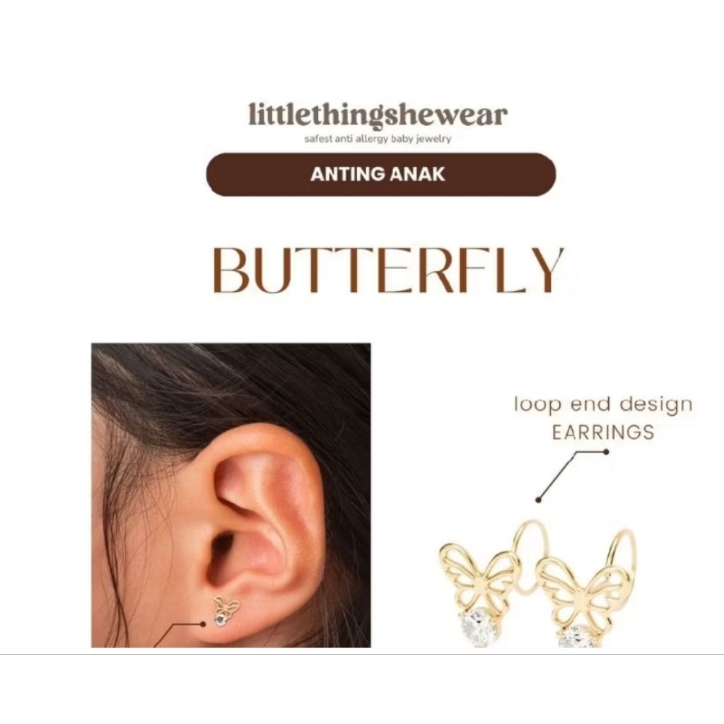LITTLETHINGSHEWEAR -Anting Emas AnakBUTTERFLY Swarovski- Anting Loop End Anting Toge