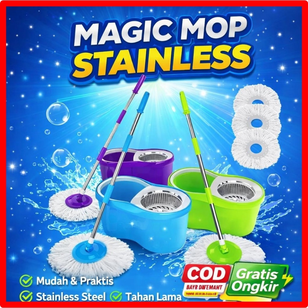 MAGIC MOP STAINLESS Alat Pel Pembersih Lantai Magic Mop Spin Mop Rotary 360 Alat Pel Putar Stainless