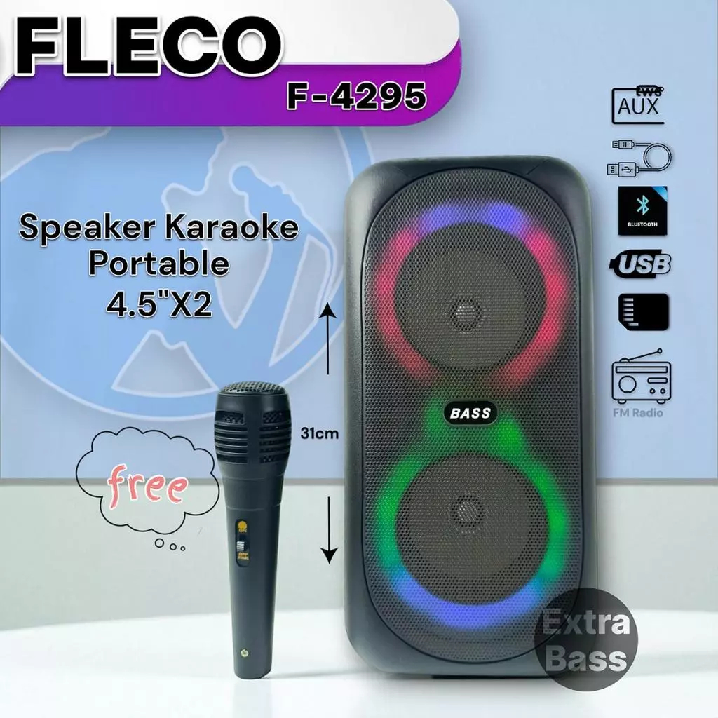 FLECO Speaker Fleco Karaoke F-4295 / F 4295 Bluetooth Portabel 300W dengan Microphone dan Lampu RGB 