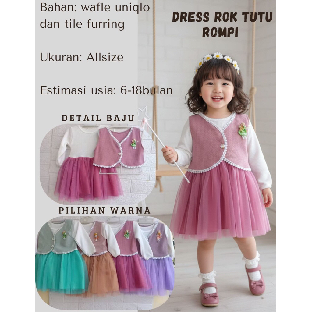 NarayaKids BAJU ANAK WAFFLE UNIQLO DENGAN ROMPI DAN ROK TUTU usia 6bulan-18bulan | KOREAN DRESS ROMP