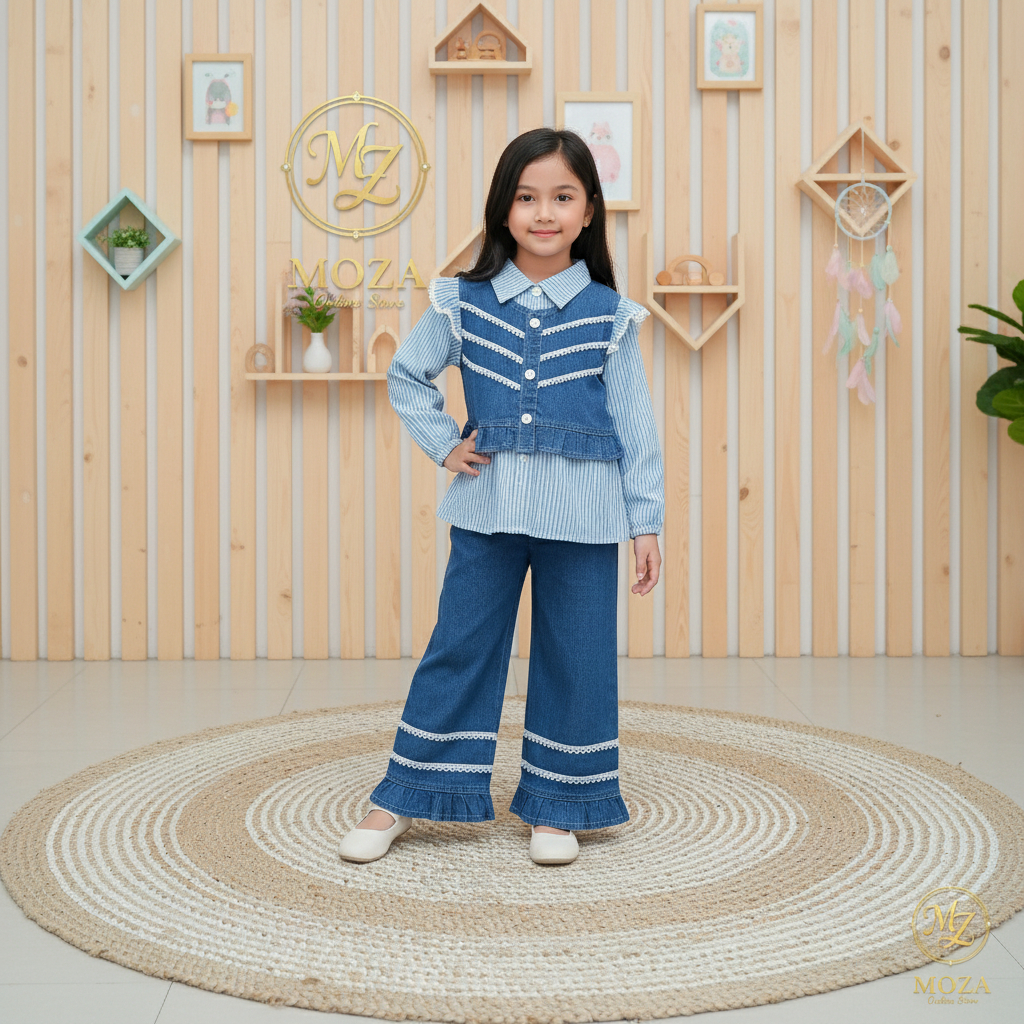 Stelan Anak Cewek 3in1 Rompi Jeans Celana Kulot Katun Jeans Striped 3-12 Tahun