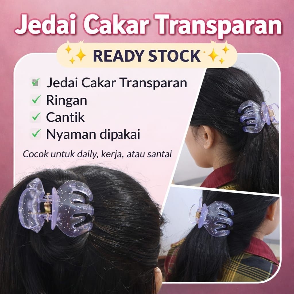 Jedai Cakar Bening Glitter 3pcs aksesoris rambut jepit bening 5cm