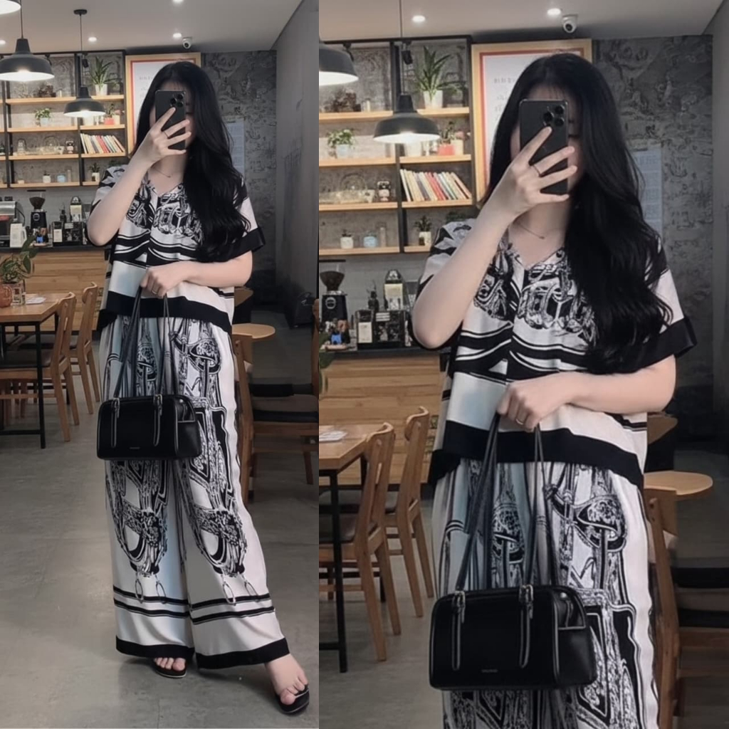 Setelan Crop Wanita Motif Wayang Katun Rayon Celana Kulot Highwaist Remaja Hitam Putih Merah