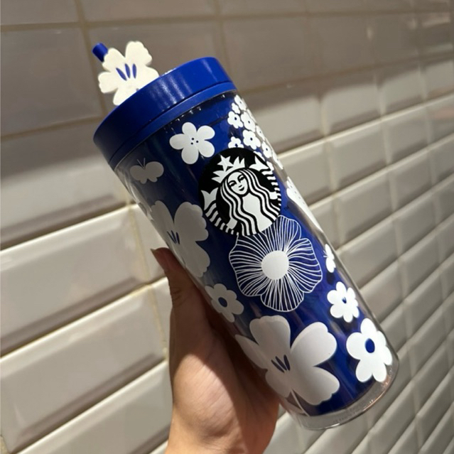 NEW SALE Tumbler Starbucks White Blue With Flowers Topper Original Starbucks