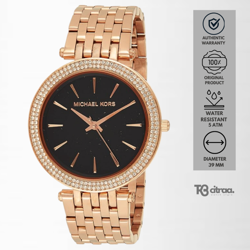 Jam Tangan Wanita Michael Kors Darci Rose Gold Stainless Steel Black Dial Mewah Casual Original MK34