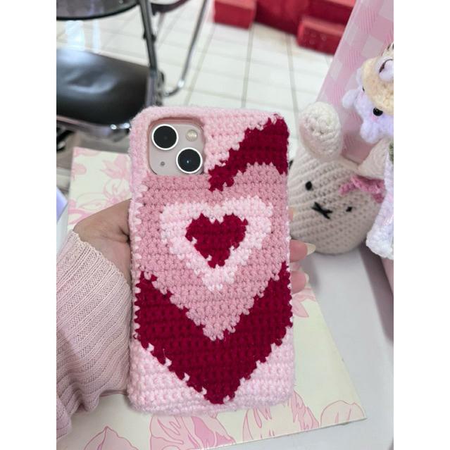 Casing HP Rajut Handmade Motif Love | Crochet Phone Case Full Cover + Casing Bening