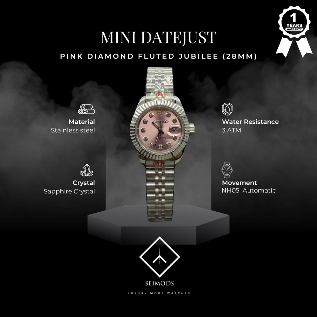 Mini Lady Datejust 28mm Pink Diamond Seiko Mod NH05 Automatic Jam Tangan Wanita