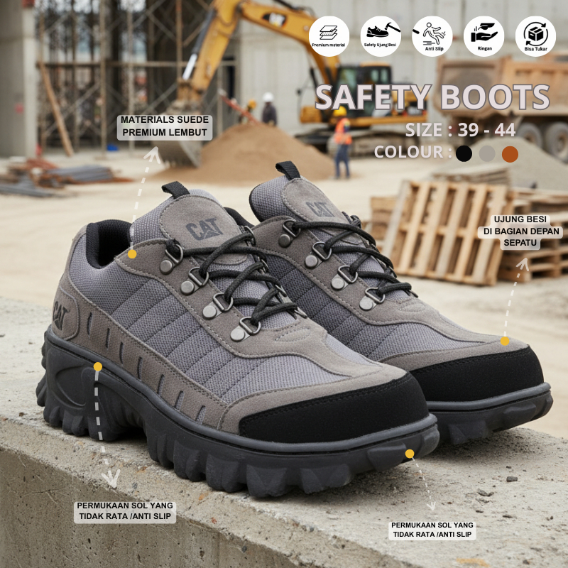 Sepatu Pria Safety Ujung Besi Caterpillar Buldozer - Sepatu Boots Pria Safety Cat Ujung Besi Tactika