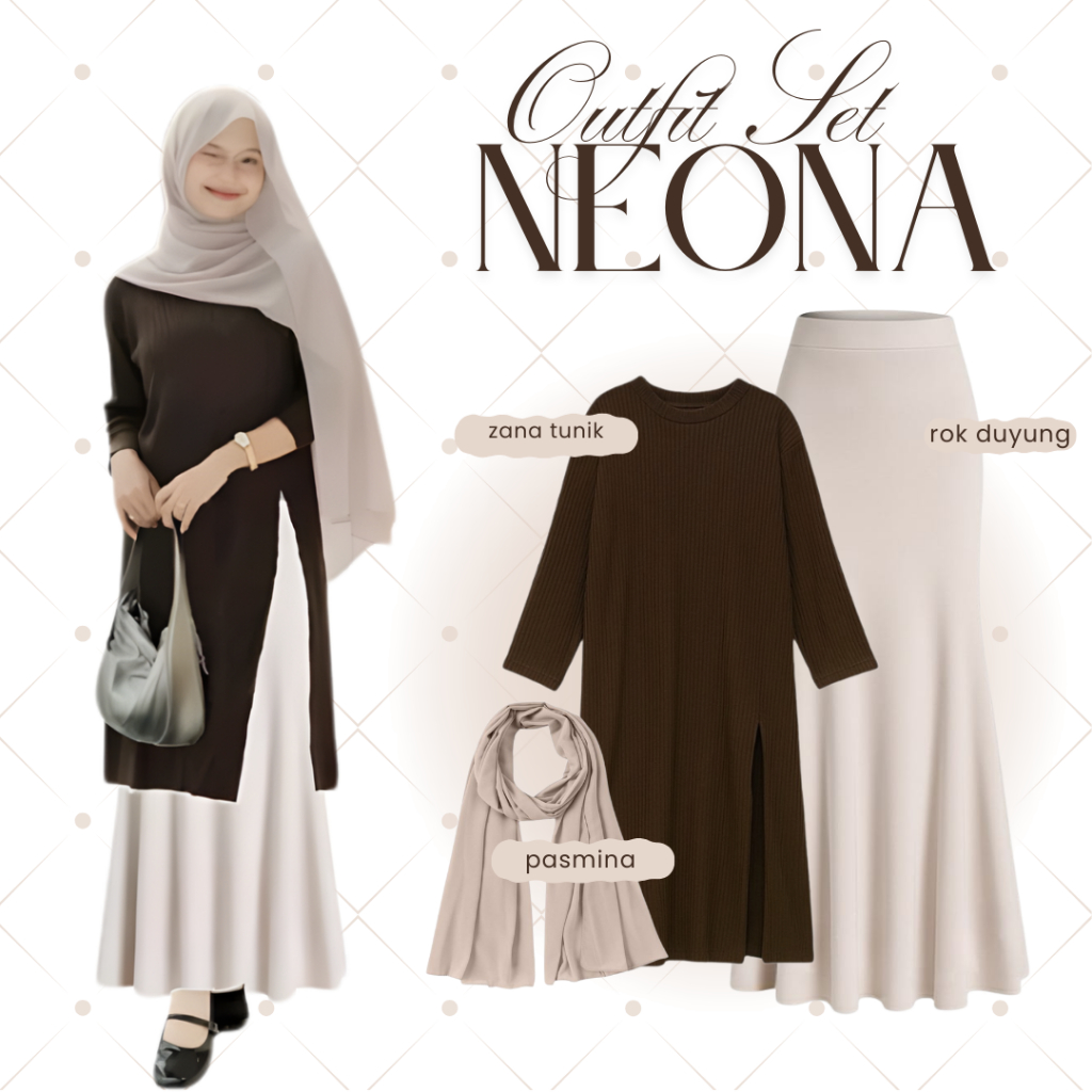 Neona One Set Lebaran Elegan Look||(zanatunik,rok duyung,hijab pasmina)||Setelan Outfit Kekinian||FE