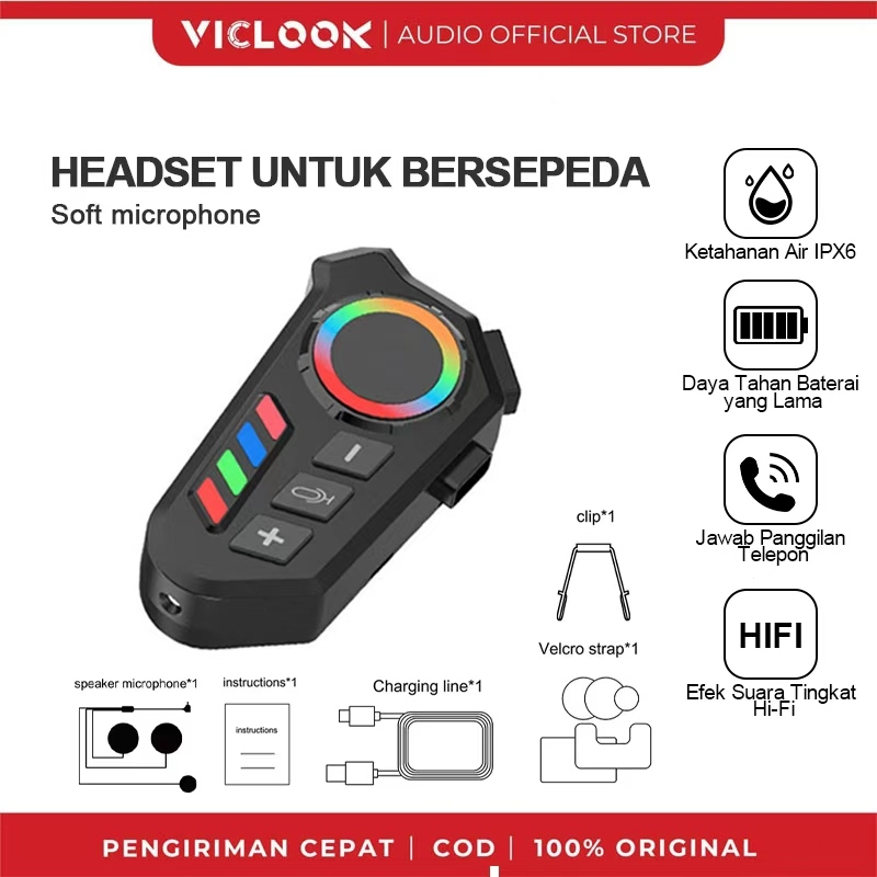 VICLOOK Wireless Cycling Bluetooth Earphone Helm Headset for Motorcycle (Waterproof Version)