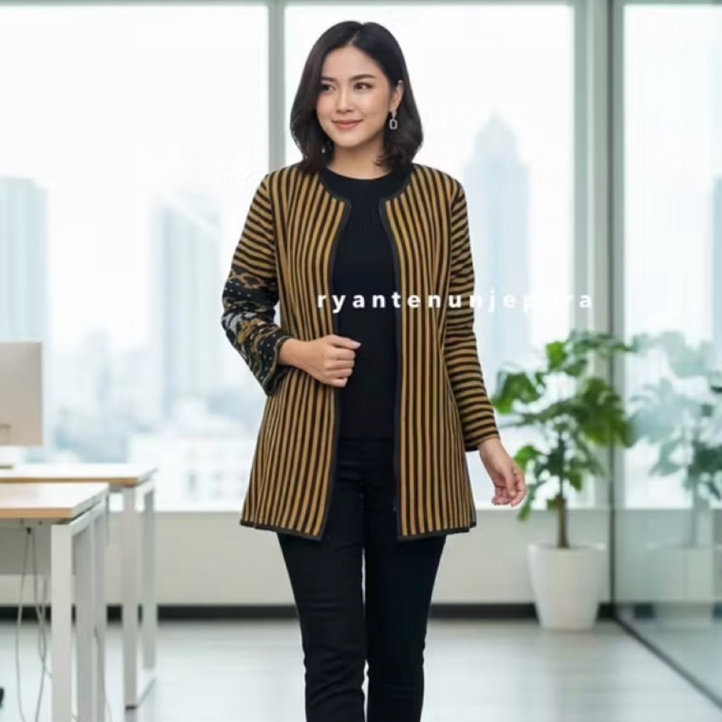 Blouse Wanita Blazer Tenun Etnik Motif Lurik Baju Tenun Santai Kantor