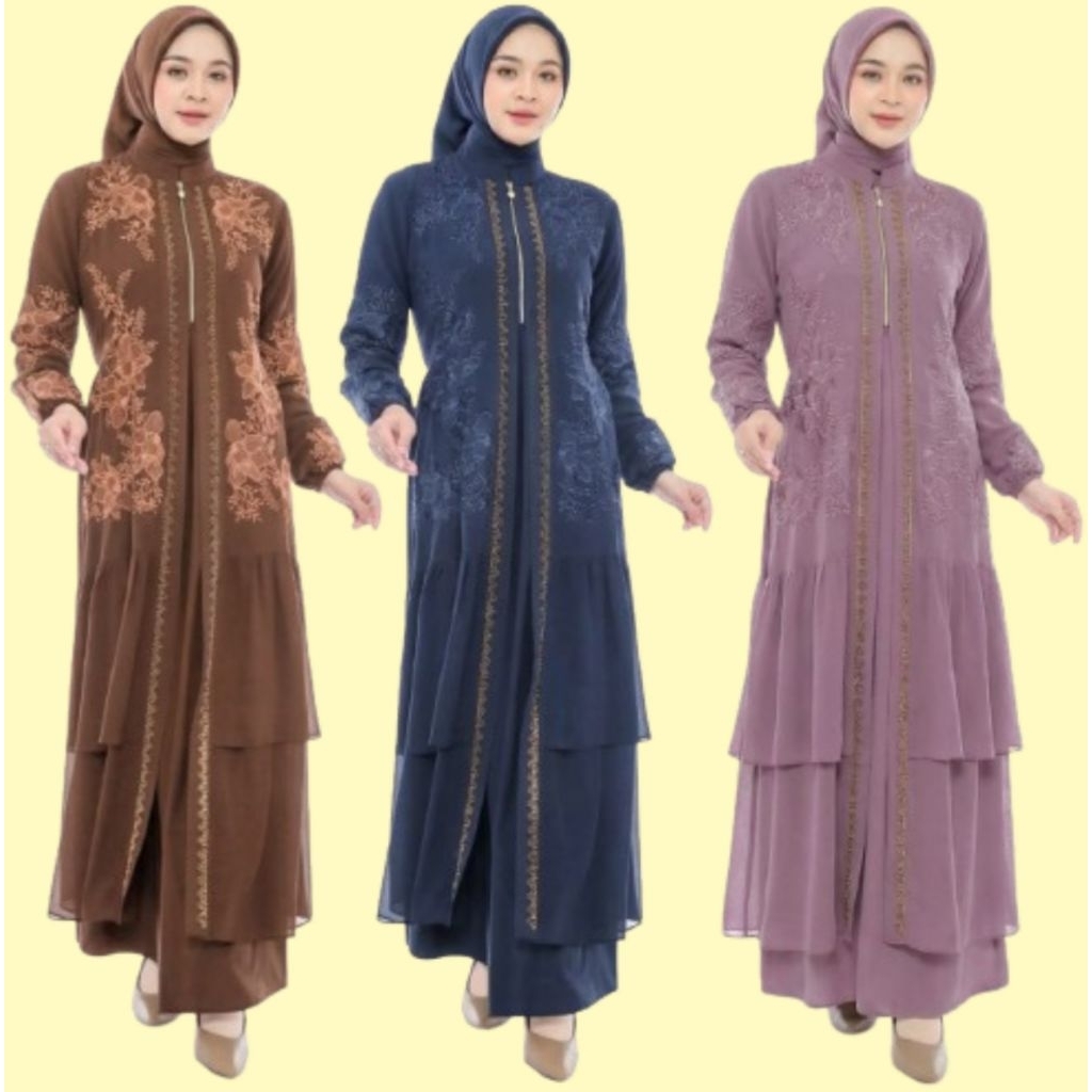 Abaya Turkey Warna Coklat Navy Dasty Reseleting depan Abaya kombinasi Jersey Ceruty Bordir Payet