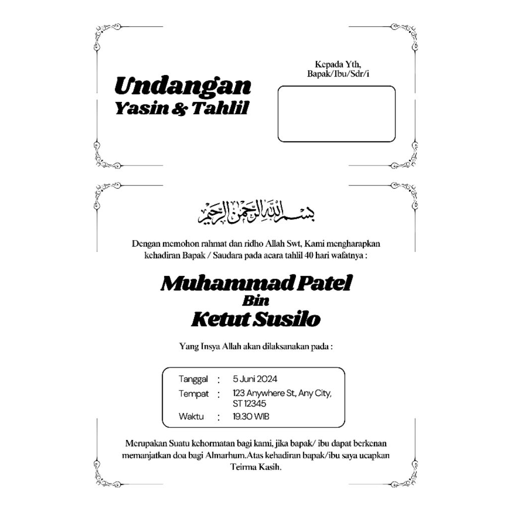 Cetak Undangan Yasin & Tahlil 40 Hari, 1 hari jadi