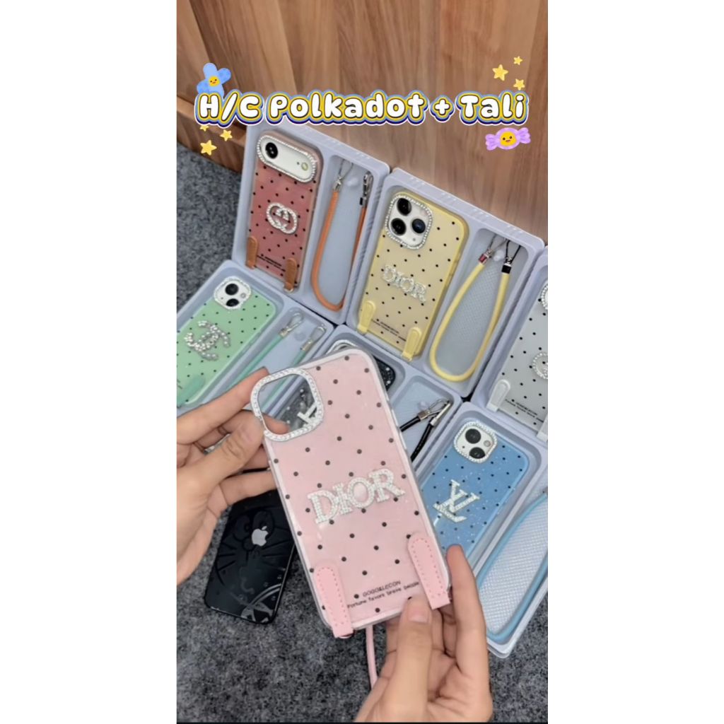 Case Polkadot + Tali Iphone Type Dior, LV, Gucci, Chanel Iphone 11, 11 Pro, 11 Pro Max, 12, 12 Pro, 