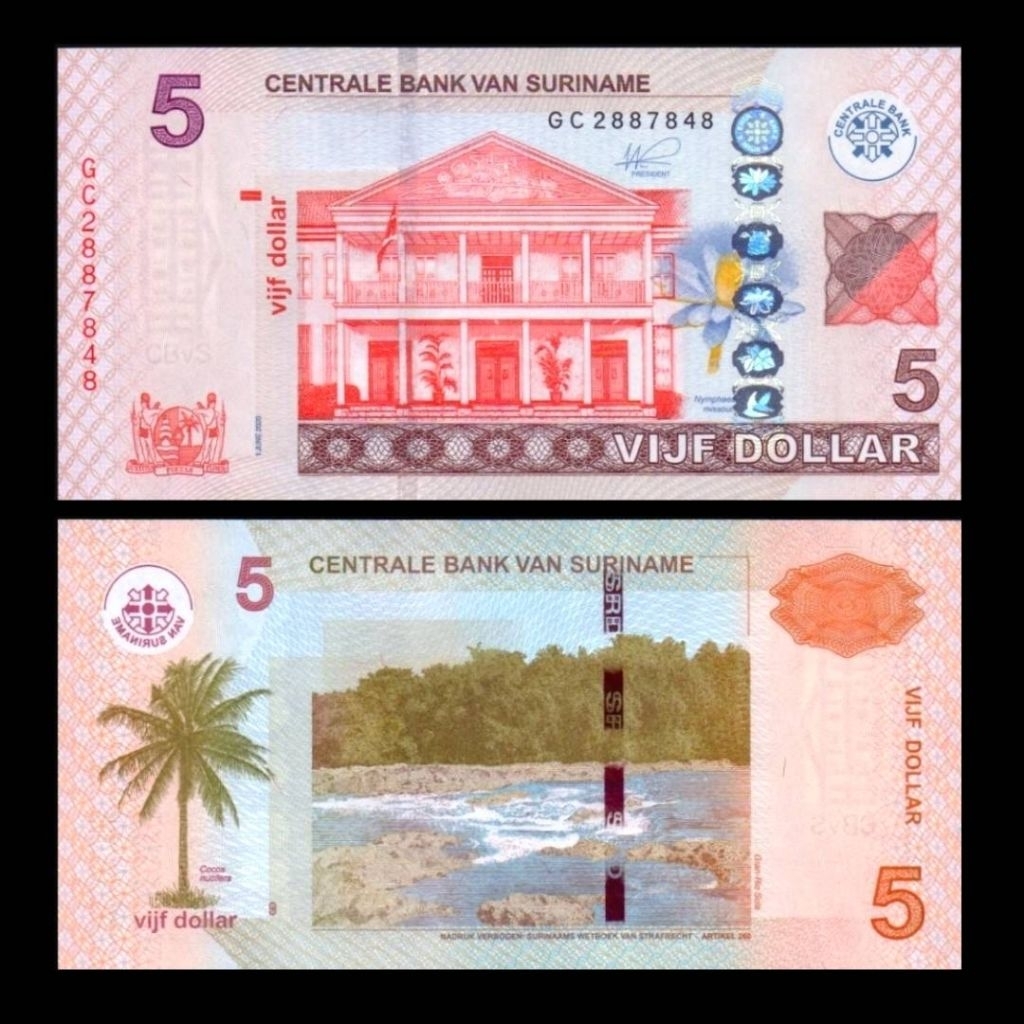 UANG SURINAME 5 GULDEN 2020 UNC GRESS HOLOGRAM ORIGINAL BANKNOTE
