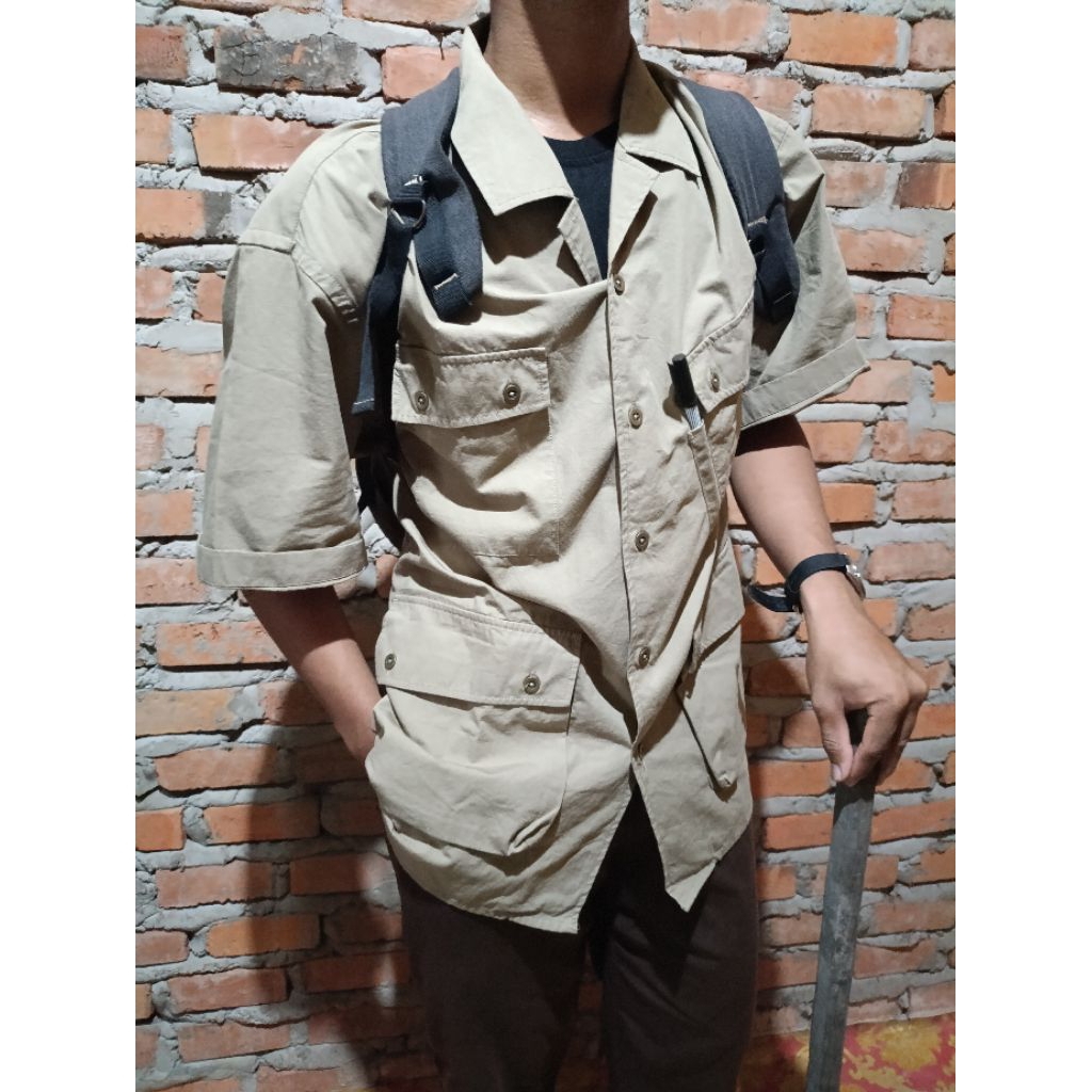 Safari Belted Half Shirt By Frizmworks Full Button L Size Dessert khaki iconic color Musinsa Adventu