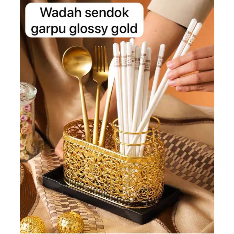Tempat Sendok Garpu SS304 Meja Gold.Wadah sendok garpu ukiran glossy gold
