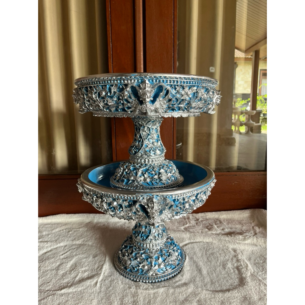 Dulang Dewi 35 cm Ice Blue Silver | Dulang Upacara Bali Elegan & Premium