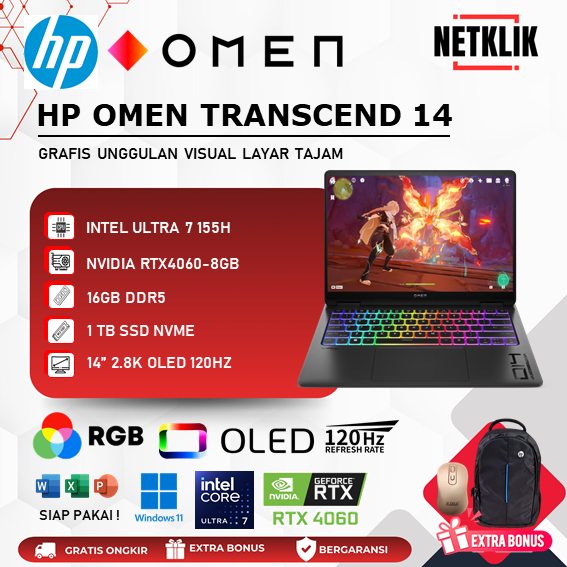 HP Omen Transcend 14 OLED Ultra 7 155H 16GB DDR5 1TB SSD RTX4060 RGB 120HZ WIN11