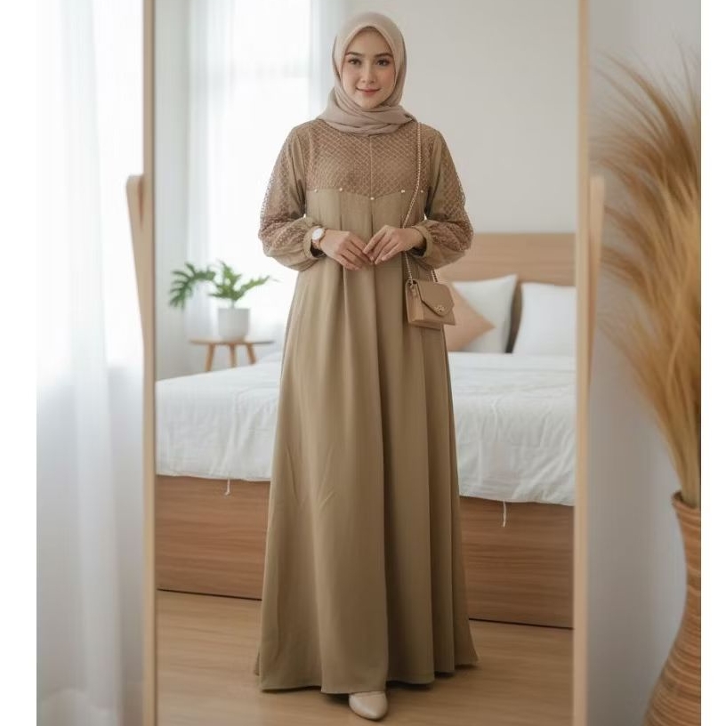 Naykamila Gamis Toyobo kombinasi brokat Busui Friendly Bahan Toyobo Nyaman Adem Dengan Resleting Len