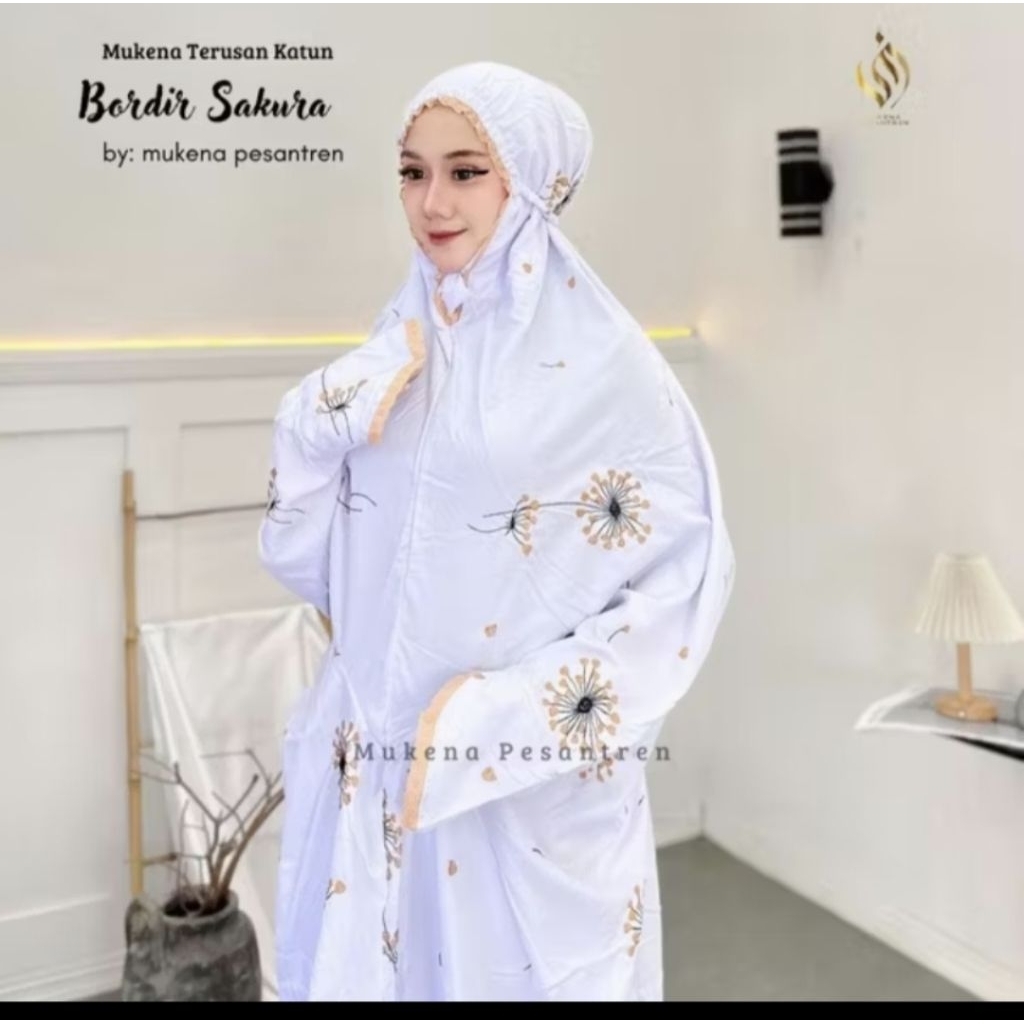 Mukena katun terusan dewasa  motif Sakura Mukena terusan dewasa katun mikro bordir Mukena murah