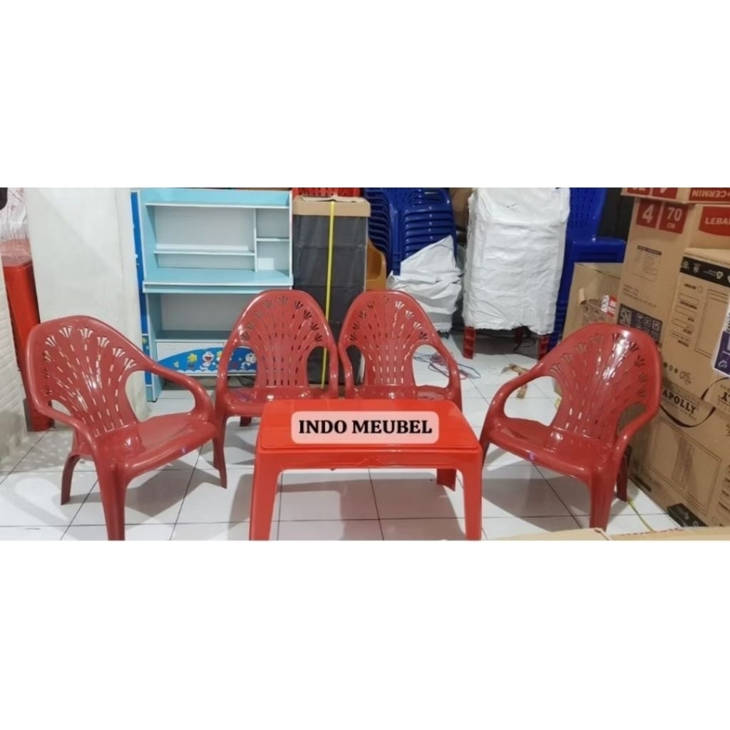 KURSI PLASTIK, KURSI SANTAI PLASTIK, 1 SET (2 KURSI +1 MEJA), 1 SET (4 KURSI +1 MEJA)
