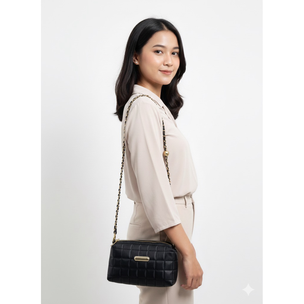 Tas Selempang Wanita Kulit Sintetis Tali Rantai Hitam