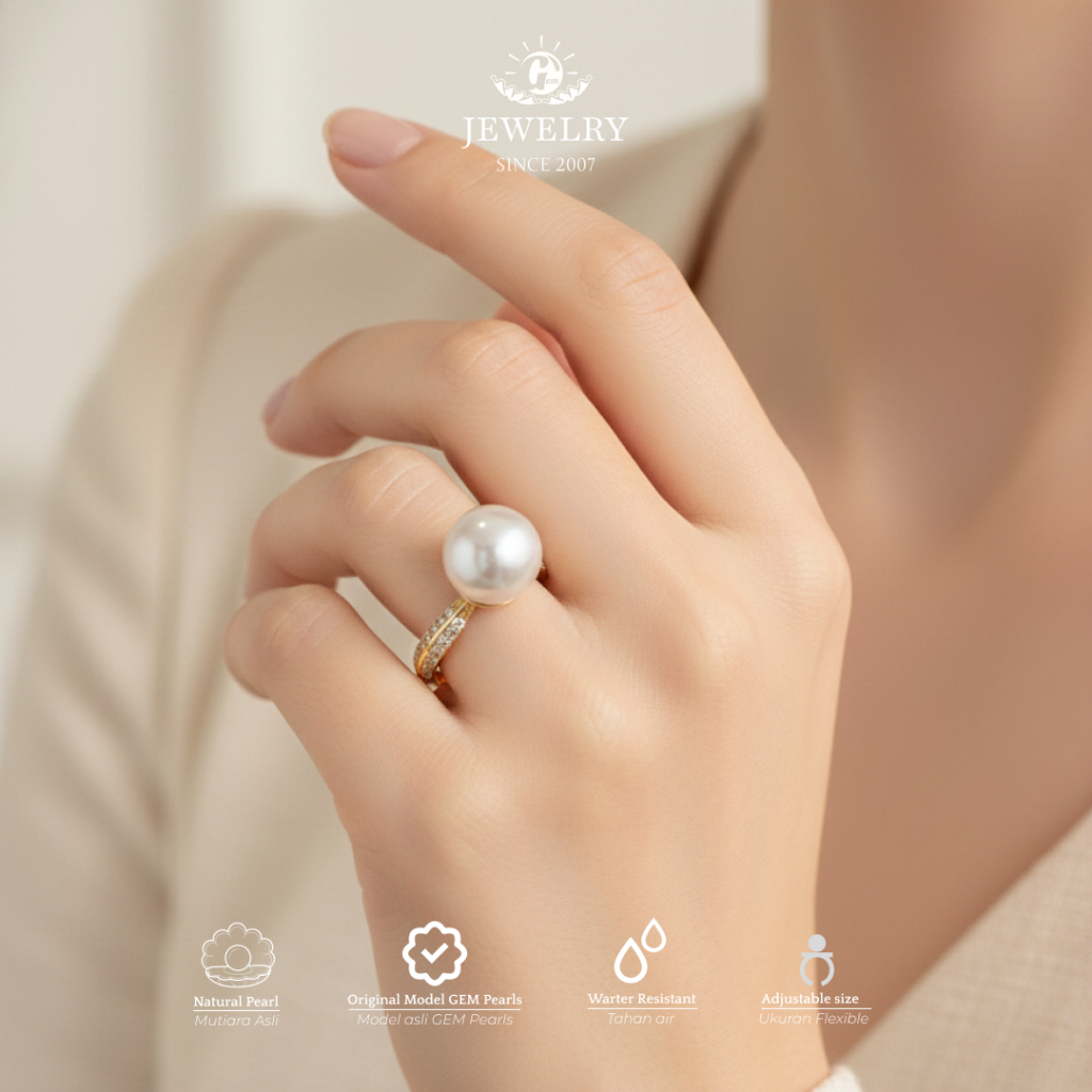 PER-CCN-F-015 | Cincin Mutiara Air Laut Asli Berwarna Putih Indah | Dengan Ring Chrome Elegan | Muti