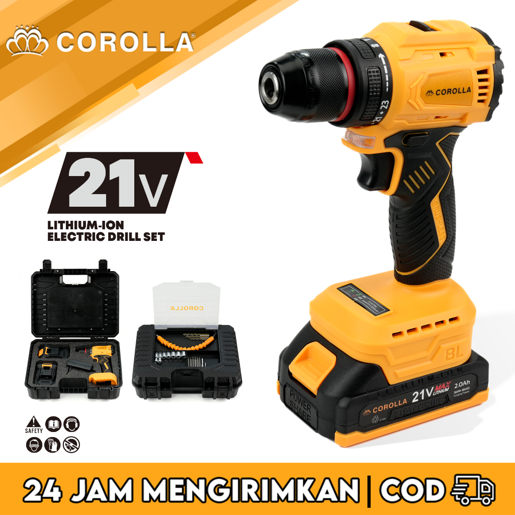 COROLLA Mesin Bor Listrik Set 16.8V / 21V Tangan Cordless Drill impek baterai komplit Untuk Tembok B