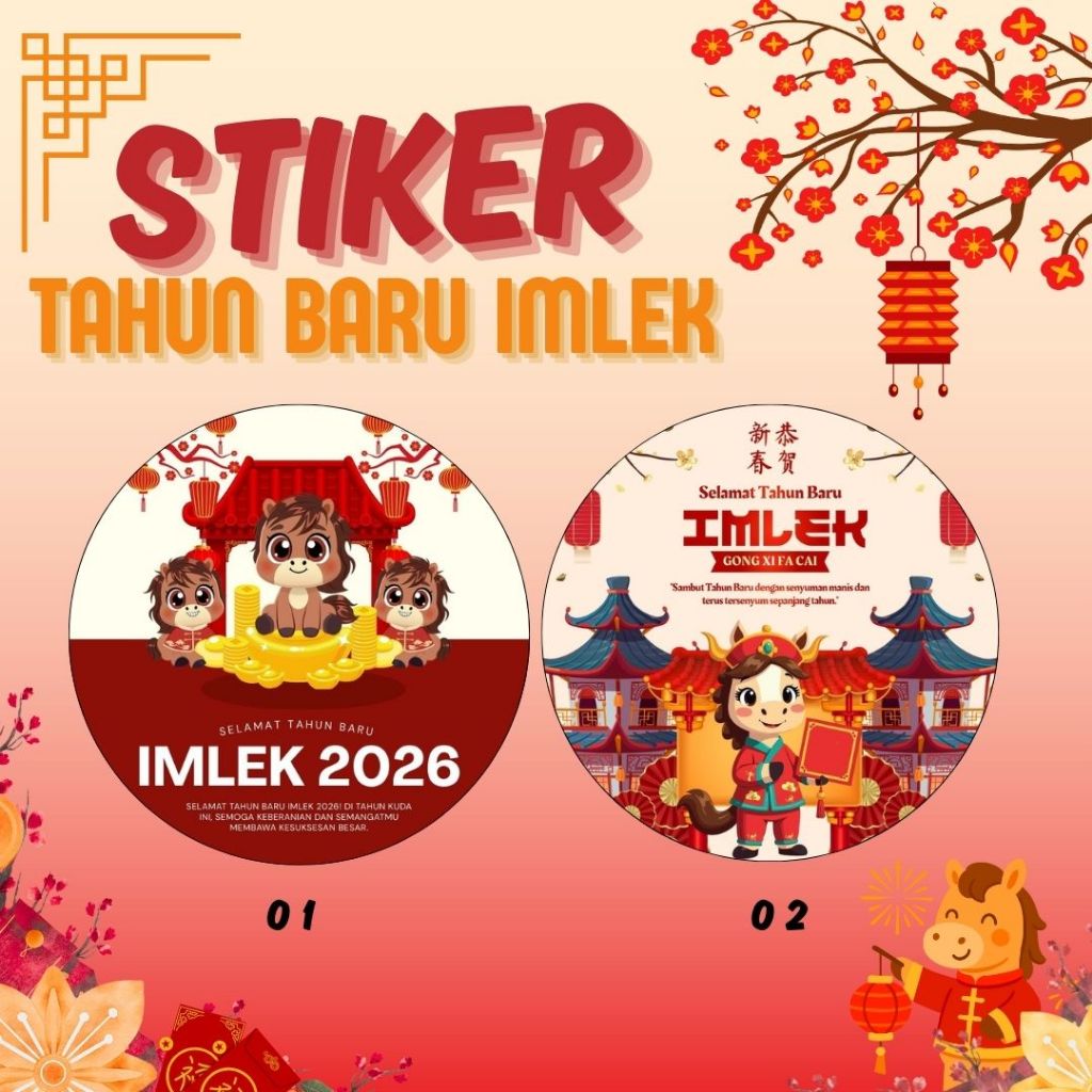 STIKER LABEL IMLEK BULAT TAHUN KUDA / LABEL TOPLES HAMPERS/ STICKER CUSTOM GONG XI FAI CAI / CETAK S