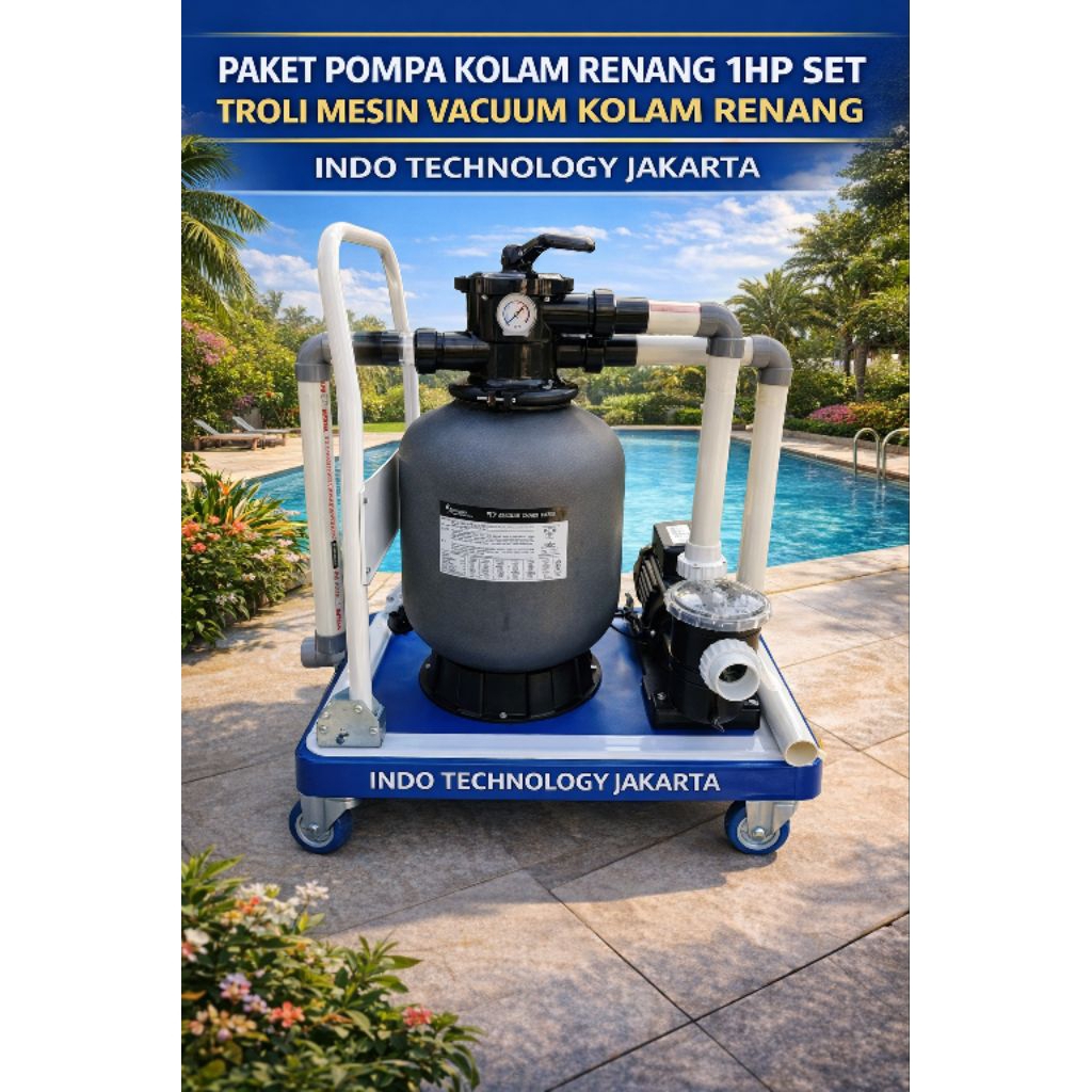 Paket Pompa Kolam Renang 1Hp Set Troli Mesin Vacuum Kolam Renang