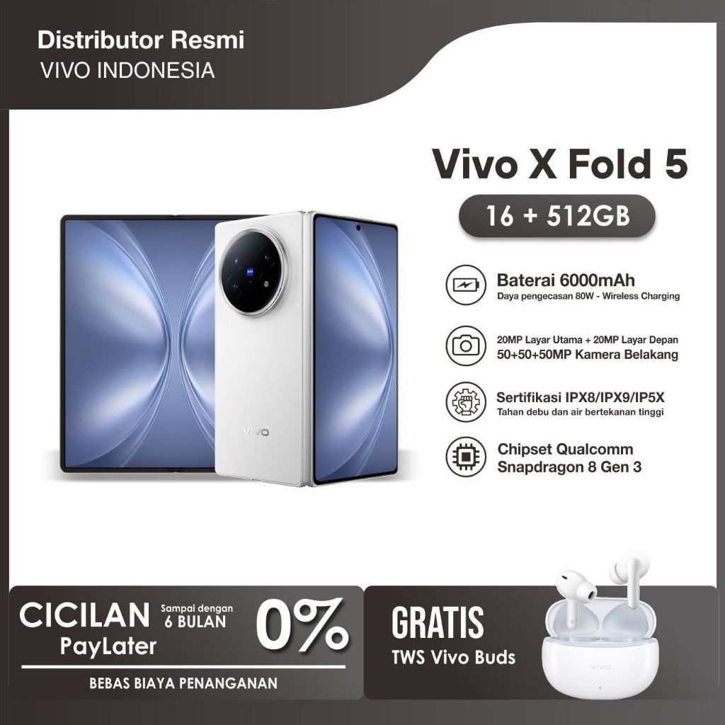 vivo X FOLD 5 5G 16/512GB - BNIB Garansi Resmi Layar 8.3inch Prosesor Snapdragon 8 Gen 3 6000mAh 80W